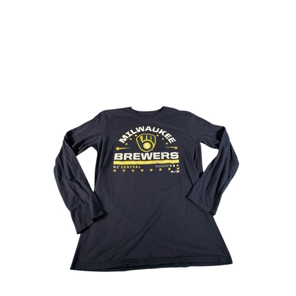 Milwaukee Brewers Long Sleeve Shirt Mens Medium Majestic MLB Navy Blue